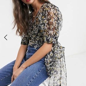 ASOS sheer puff sleeve floral print wrap top L 12
